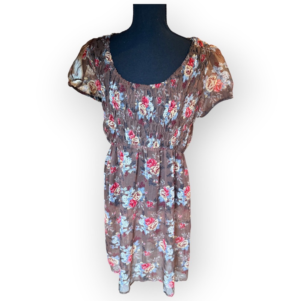 Vintage 90s Sheer Brown Floral Mesh Dress Smocked Cottagecore Fairy Grunge L